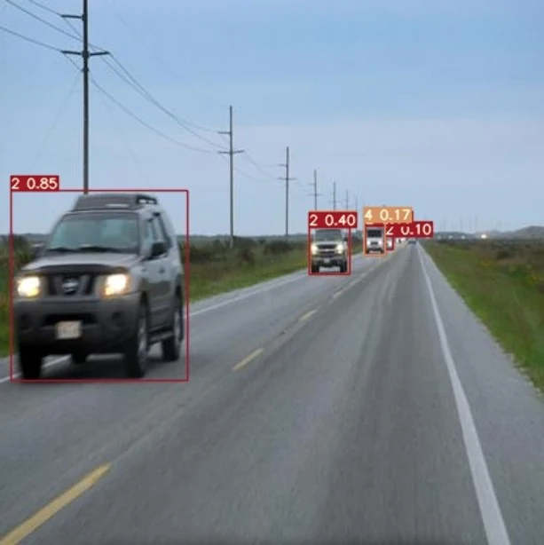 Vehicle detections in a road scene.